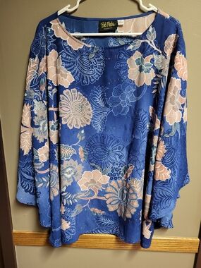 Bob Mackie Navy Blue Floral Tunic with Sequins Blush Accents